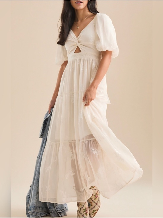Altar'd State Dresses & Skirts - Altar’d State Daniellza Dress - Cream Puff-Sleeve Maxi Dress with Twist Front